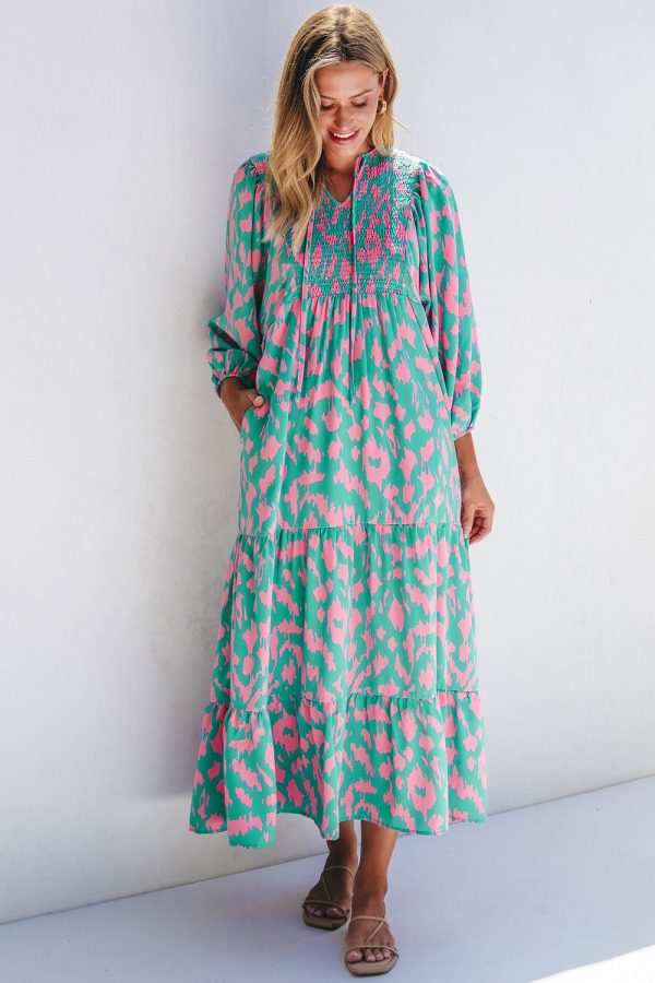 Smocked Printed Tie Neck Long Sleeve Dress Supply - Image 3
