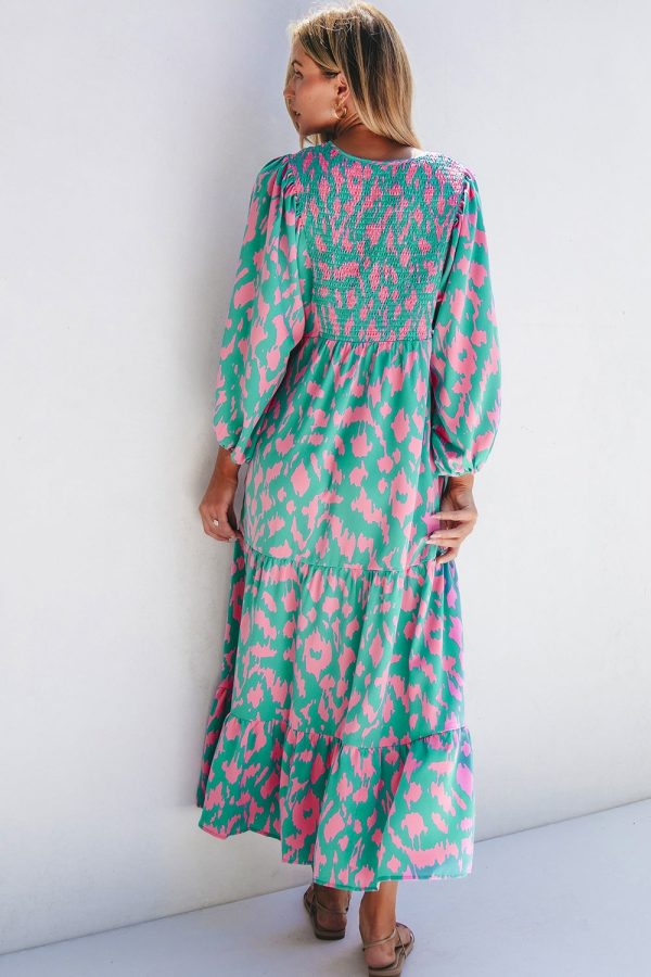 Smocked Printed Tie Neck Long Sleeve Dress Supply - Image 5