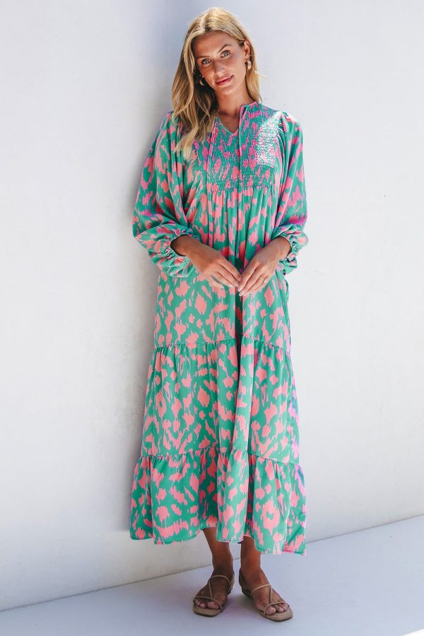 Smocked Printed Tie Neck Long Sleeve Dress Supply - Image 2