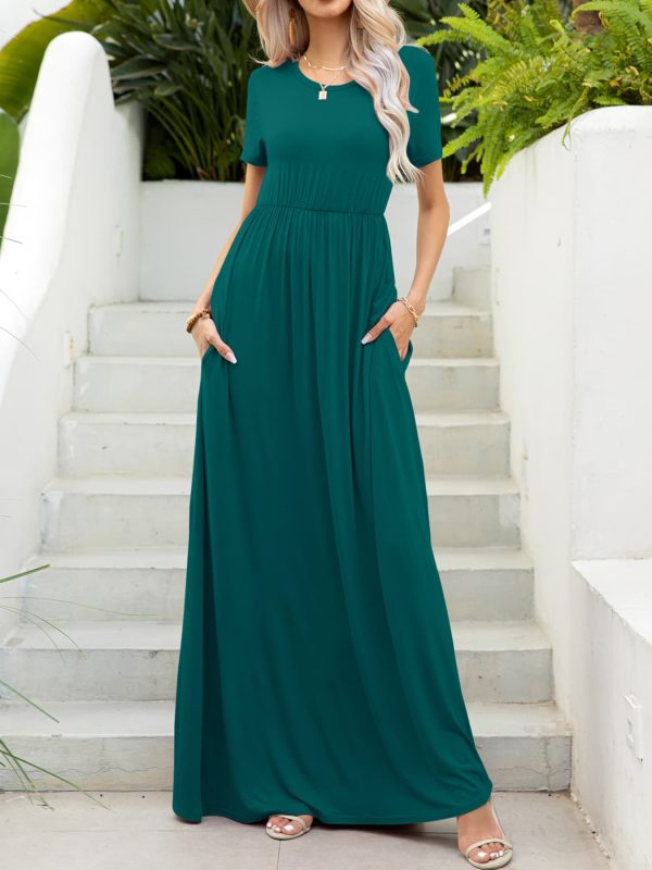 Round Neck Short Sleeve Maxi Dress with Pockets Supply
